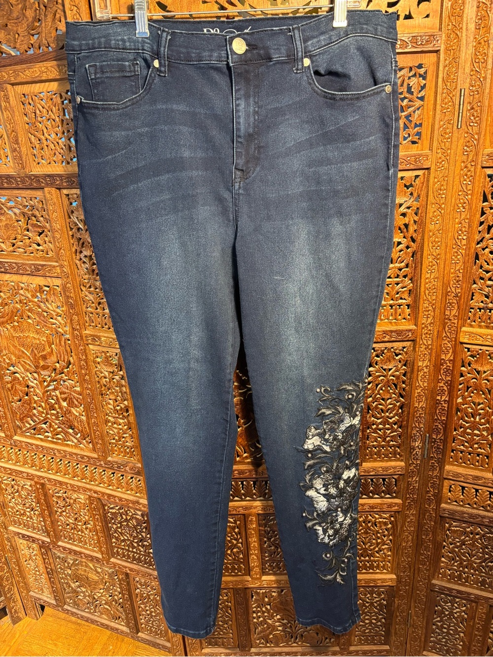 DG2 by Diane Gilman Dark Blue Straight Leg Jeans with Embroidered Detail